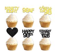 Lot de 18 pics à dessert à paillettes noires et dorées pour cupcakes Straight Outta 1925 Cheer to 98 Years Old - Fournitures de décoration de fête d'anniversaire « Happy 98th Birthday »