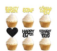 Lot de 18 pics à dessert à paillettes noires et dorées pour cupcakes Straight Outta 1936 Cheer to 87 Years Old - Fournitures de décoration de fête d'anniversaire « Happy 87th Birthday »