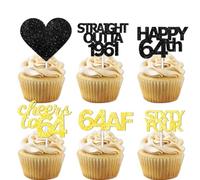 Lot de 18 pics à dessert à paillettes noires et dorées pour cupcakes Straight Outta 1959 Cheer to 64 Years Old - Fournitures de décoration de fête d'anniversaire « Happy 64th Birthday »