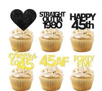 Lot de 18 pics à dessert à paillettes noires et dorées pour cupcakes Straight Outta 1979 Cheer to 44 Years Old - Fournitures de décoration pour fête d'anniversaire