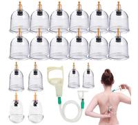 Lot de 18 ventouses en verre pour thérapie traditionnelle chinoise et massage avec pompe à vide et tube d'extension (sans huile)
