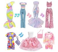 Lot de 18 vêtements de poupée pour poupée de 29,2 cm compatibles avec Barbie 1 robe florale, 1 jupe sirène à paillettes, 1 jupe sirène asymétrique, 4 ensembles de tenues hauts et pantalons, 2 sacs, 5