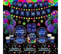 Lot de 180 accessoires de fête fluo - Ballon fluo - Assiettes Happy Birthday - Bannière - Décorations de gâteau - Serviettes et tasses pour décoration de fête à lumière noire - Pour 20 personnes.