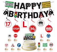 Lot de 19 bannières de décoration de gâteau pour 17e anniversaire - Décorations de gâteau pour 17e anniversaire de permis de conduire, panneaux de signalisation routière, fournitures de fête à thème
