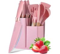 Lot de 19 ustensiles de cuisine en silicone avec support et couteaux de cuisine pour la cuisine, antiadhésifs et résistants à la chaleur, avec manche en bois (rose)