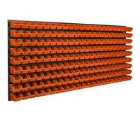 Lot de 198 bacs a bec oranges avec étagères murales empilables 173 x 78 cm, boites de rangement de vis, clous petits trucs, panneau a fixer au mur, modulable solide