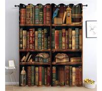 Lot De 2 183x214 cm Rideaux Occultants Salon Bibliothèque De Style Vintage, Coloré Motif Rideaux Oeillets Thermique Isolant, Rideaux Polyester Doux pour Chambre Adulte et Enfant