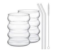 Lot de 2/4 Verres à Boire avec Pailles en Verre, Verres à Café Glacés Nervurés, Tasses en Verre à Bulles Créatives en Forme de Vague, Ensemble Glasswar Vintage pour Cocktails,(2 pièces)300 ml.