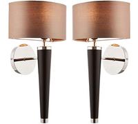 Lot de 2 | 40 W E14 | Applique murale moderne à suspendre de 195 mm | Abat-jour en bois effet noyer et vison argenté | Éclairage de chevet chic et conique pour hôtel | Lampe de salon, salon, couloir,