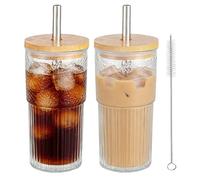Lot de 2 600 ml côtelé Verre avec couvercle et paille, gobelets à smoothie en Verre avec paille et couvercle épais de haute qualité avec couvercle en bois, gobelets transparent rayé, à café (600ml)