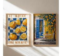 Lot de 2 affiches de cuisine avec citronniers, paysages italiens, style cottage moderne, peinture sur toile pour décoration murale printanière (20 x 35 cm, sans cadre)