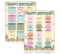 Lot de 2 affiches « Happy Birthday » - Calendrier d'anniversaire printanier - Décoration pour salle de classe - Thème floral - Pour la maternelle, la maternelle, la rentrée scolaire, décoration murale