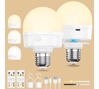 Lot de 2 ampoules LED rechargeables E27 avec télécommande - Batterie rechargeable USB C avec batterie de 2200 mAh - Crochet magnétique - 3 couleurs - Minuterie à intensité variable - Pour éclairage