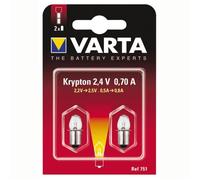 Blister de 2 ampoules krypton 2.4V 0.7A culot lisse pour torche et lampe de poche 751 VARTA 751000402