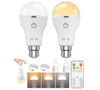 Lot de 2 ampoules rechargeables B22 avec télécommande, 3 couleurs et intensité variable, lumière d'urgence rechargeable par USB, batterie 2600 mAh jusqu'à 24 h - Pas de câblage nécessaire pour les