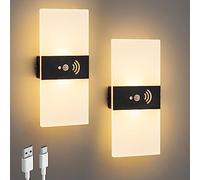 Lot de 2 appliques murales avec détecteur de mouvement - Batterie 4000 mAh - Applique murale d'intérieur LED - Sans prise d'alimentation - Rechargeable par USB - Avec interrupteur - Pour couloir