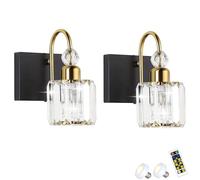 Lot de 2 appliques murales contemporaines minimalistes modernes en verre cristal à piles, avec ampoule et télécommande, sans câble, pour miroir de salle de bain, sans fil, intensité variable, pour