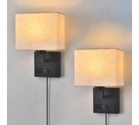 Lot de 2 appliques murales de chevet pour chambre à coucher, avec interrupteur à intensité variable, prise AC, port USB et abat-jour en tissu, appliques murales noires pour salon et hôtel