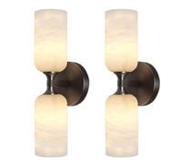 Lot de 2 appliques murales en albâtre, lampe de vanité en marbre espagnol de 14 pouces, lampe murale en laiton doré à intensité variable for chambre à coucher avec miroir(Black-2 Set)