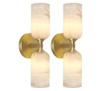 Lot de 2 appliques murales en albâtre, lampe de vanité en marbre espagnol de 14 pouces, lampe murale en laiton doré à intensité variable for chambre à coucher avec miroir(Brass+White)