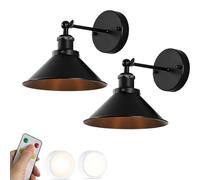 Lot de 2 appliques murales industrielles noires à piles, applique murale sans fil à piles avec télécommande, ampoule LED, lampe de chevet vintage pour chambre à coucher, salon, tête de lit (couleur :