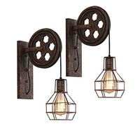 Lot de 2 Appliques Murales Industrielles Poulie Design Suspension Luminaire Vintage Métal en forme Cage Noir Rétro E27 Lampe de Mur Loft Corde Ajustable (Rouille-2pcs)