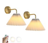 Lot de 2 appliques murales modernes du milieu du siècle à piles avec télécommande sans fil à intensité variable pour chambre à coucher, abat-jour en tissu plissé, veilleuse sans fil pour enfants