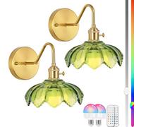 Lot de 2 Appliques murales Rechargeables sans Fil en Cristal à LED avec télécommande RVB à intensité Variable, Applique Murale d'intérieur en Verre Vert, décoration de Chevet à Fleurs de Florence