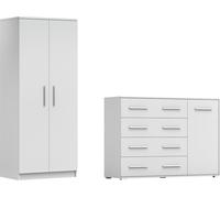 lot de 2 armoires à portes coulissantes Armoire avec miroir 150cm OMEGA 2D avec commode 135cm FRIDA 01 Blanc/Blanc