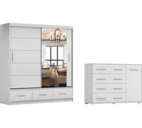 lot de 2 armoires à portes coulissantes Armoire FLORENCE 200cm avec miroir avec commode 135cm 1D4S FRIDA 01 blanc/blanc