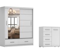 lot de 2 armoires à portes coulissantes Armoire FLORENCE avec miroir 150 cm avec commode 90cm FRIDA MINI 01 blanc/blanc