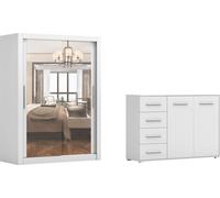 lot de 2 armoires à portes coulissantes Armoire MILAN 100cm avec miroir et FRIDA 01 2D4S 01, largeur : 135 cm, couleur : BLANC/BLANC