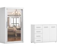 lot de 2 armoires à portes coulissantes Armoire MILAN 120cm avec miroir et FRIDA Frida 01 2D4S , Largeur : 135cm, Couleur : BLANC/BLANC