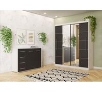 lot de 2 armoires à portes coulissantes avec deux miroirs et moulures Blanc/noir TORINO III Commode FRIDA 01