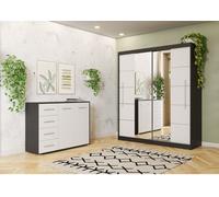 lot de 2 armoires à portes coulissantes avec deux miroirs et moulures Noir/Blanc TORINO III Commode FRIDA 01
