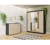 lot de 2 armoires à portes coulissantes avec deux miroirs et moulures Noir/Sonoma TORINO III Commode FRIDA 01