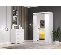 lot de 2 armoires à portes coulissantes NEOMI 01 Commode FRIDA MINI 01 Façade - Blanc + miroir, Corps - Blanc