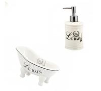Lot de 2 Articles de Salle de Bain Paris Tour Eiffel et Assortis - Matiere Porcelaine - Un Pousse Mousse et Un Porte Savon Mini Baignoire