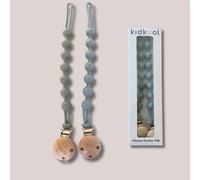 lot de 2 attache-sucettes en silicone 100% alimentaire, tête de sucette en hêtre, sans BPA - KIDKOOL Bleu + Vert