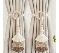 Lot de 2 Attaches de Rideaux,Embrasses de Rideaux en Coton avec Pompon,Supports de Cravates de Rideau Bohème,Embrasse pour Rideaux avec Anneau en Bois,Pour Décoration de Maison, Salon, Chambre, Bureau