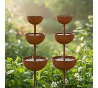 Lot de 2 attrape-pluie en métal pour jardin, 3 niveaux avec bols d'eau, piquets de collecte d'eau de pluie bronze patiné pour plantes et faune, collection d'eau de pluie en plein air, paysage