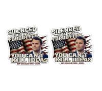 Lot de 2 autocollants Charlie Kirk Silenced But Not Forgotten Tribute - You Can't Kill Ideas Patriotic Memorial Sticker, Charlie Kirk Freedom Stickers pour ordinateur portable, pare-chocs, fenêtre de