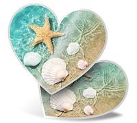 Lot de 2 autocollants en forme de cœur 15 cm - Coquillage étoile de mer, plage, océan, coquillages, décalcomanies amusantes pour ordinateurs portables, tablettes, bagages, scrapbooking,