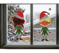 Lot de 2 autocollants en gel pour fenêtre - Motif elfes, flocons de neige et étoiles - Décoration de Noël - Flocons de neige et étoiles