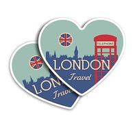Lot de 2 autocollants en vinyle 10 cm - Forme de cœur - Drapeau de téléphone de Londres rétro - Art imprimé - Pour ordinateur portable, tablette, bagages, voiture, mur, réfrigérateur, porte - #59769