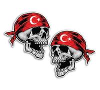 Lot de 2 autocollants en vinyle Motif tête de mort Türkiye 15 cm Drapeau Turquie Cool Biker Voiture Voyage Voyage Pirate Patriotique Bagages Scrapbooking Autocollant #82110
