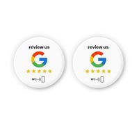 Lot de 2 autocollants Google NFC « Review us » sur Google NFC - 3 cm de diamètre - Collect plus de reviews instantanément avec un seul bouton - Auto-programmable et réutilisable - Parfait pour les