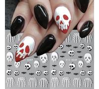 Lot de 2 autocollants pour nail art d'Halloween - En relief 5D - Crâne effrayant - Autocollants d'Halloween - Chauve-souris - Os - Tête de mort - Décoration d'ongles - Bricolage de vacances