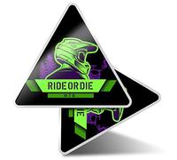 Lot de 2 autocollants triangulaires 7,5 cm - Ride or Die VTT, motard, pour ordinateurs portables, tablettes, bagages, scrapbooking, réfrigérateurs #46261
