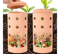 Lot de 2 bacs à compost souterrains de 25,4 x 10,4 x 10,5 cm pour déchets organiques, poterie rouge, céramique, compost avec trous et couvercle en argile pour jardin